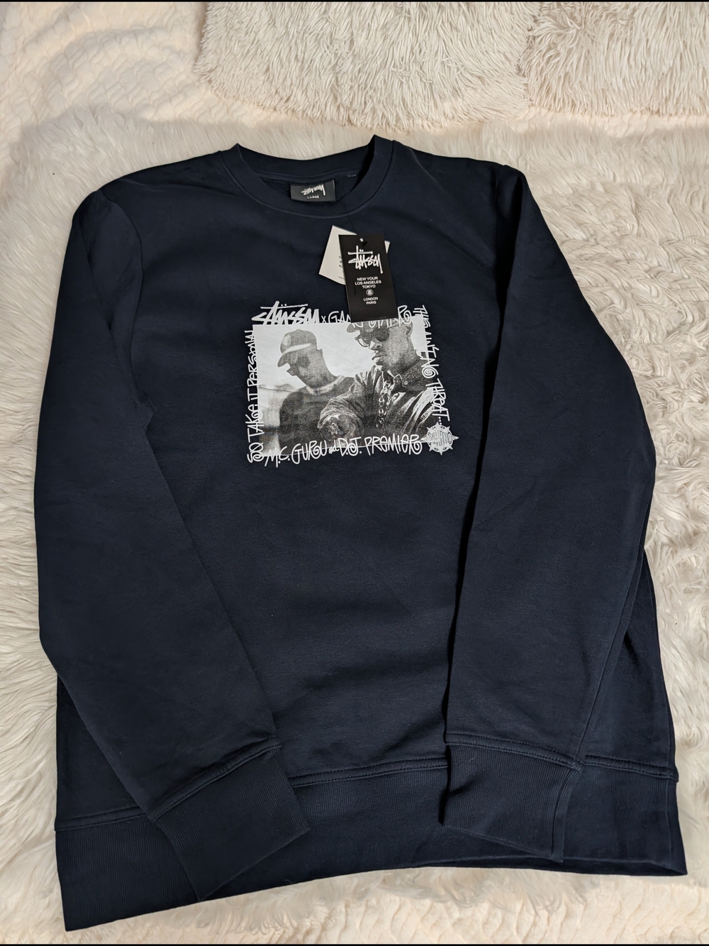 Stussy Navy Crewneck Sweatshirt with Black & White Photo Graphic